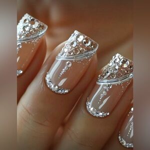 Silver Glitter & Rhinestone Short Square Nail Kit | Press-On | New
